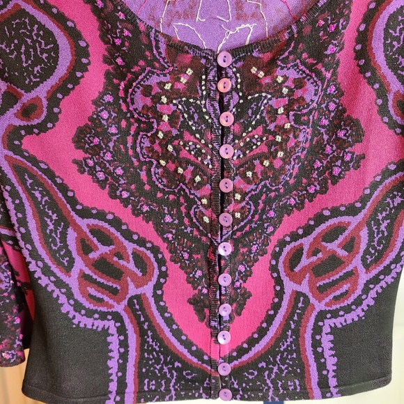 90s ๐ Betsey Johnson psychedelic funky button down 3/4 sleeves beaded cardigan! - Picture 10 of 12